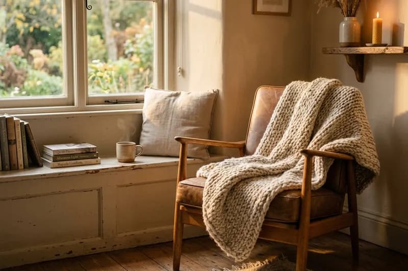 Late afternoon light falling across an empty armchair and a worn rug in a quiet living room